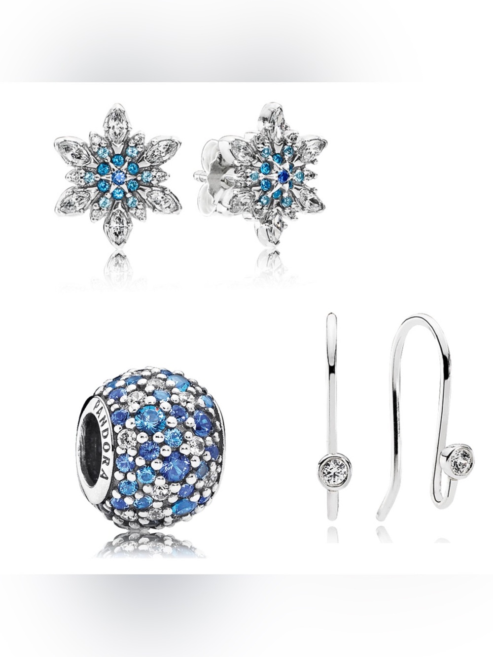 *2 Pairs* Set of Pandora Earrings, Sky Mosaic Pavé Charm & Crystalized Snowflake